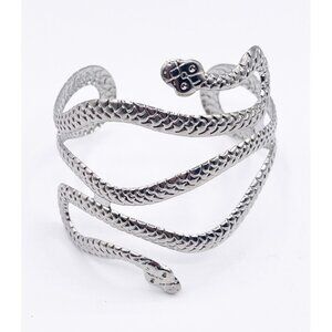 Silver Tone Double Headed Snake Upper Arm Cuff Bracelet Egyptian Revival Gothic